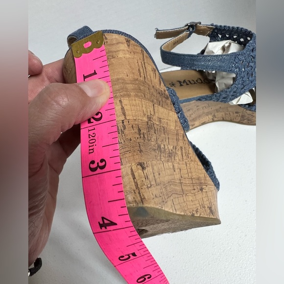 MUDD blue demon Woven Peep Toe Platform Cork Wedge Sandals, size 8 1/2 - Picture 9 of 9
